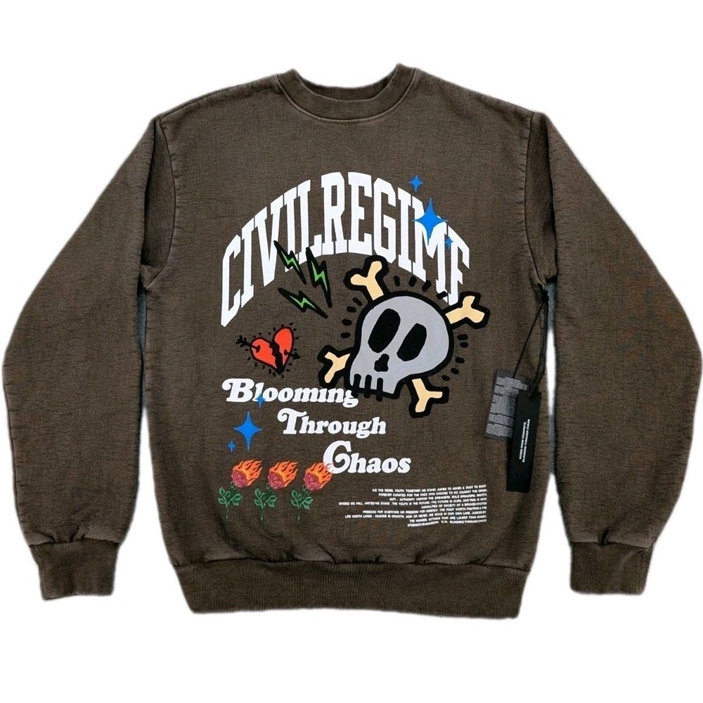 Civil Regime Sweater Sweatshirt Mens Small Brown Crewneck Skull Roses Heart‎ New